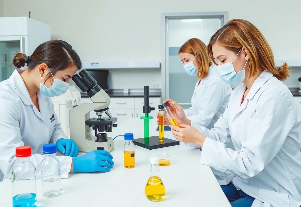 Immagine che mostra il processo di controllo qualità in un laboratorio, con provette e microscopi.