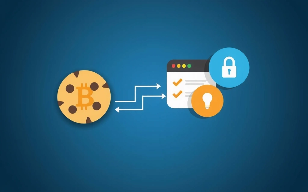 Rappresentazione astratta dei cookie digitali che si muovono tra un browser web e un server, con icone che simboleggiano dati e privacy.