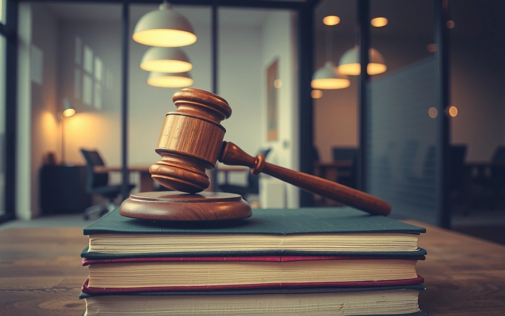 Gavel on a stack of law books with a modern office background